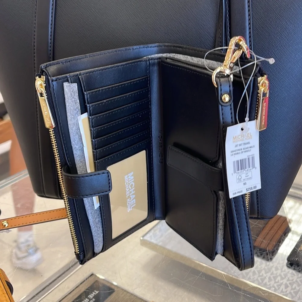 MICHAEL KORS JST LG DOUBLE ZIP WRISTLET WALLET PHONE HOLDER BLACK MULTI NWT